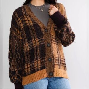 Free People Sepia Plaid Chunky Knit Cardigan